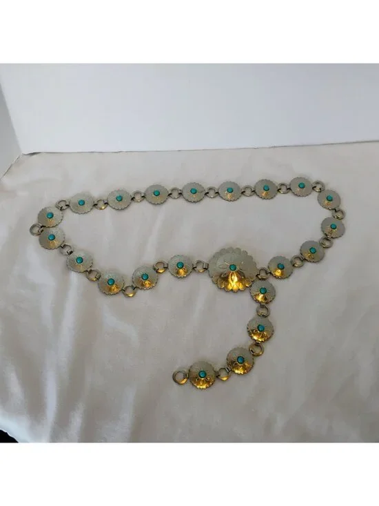 Silver Metal Concho Belt w/ Faux Turquoise Adjustable up to 37" Vintage Cowgirl - Picture 3 of 9